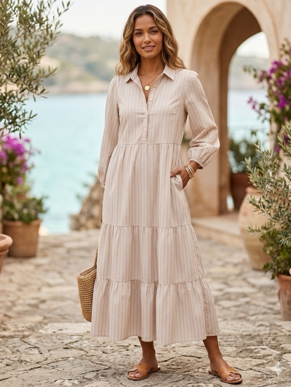 Lagenlook Boho Modest Minimalist Prairie Beige Stripe Tiered Maxi Shirt Dress